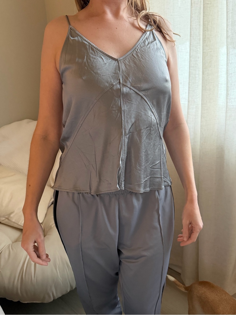 Zara Satin V-Neck Spaghetti Strap Tank Top in Grey